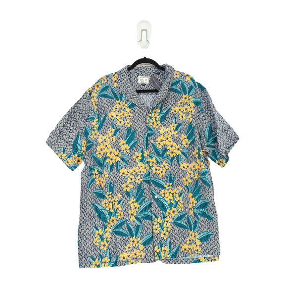Reyn Spooner Men XL Frangipani Camp Shirt Blue Woven Floral Tropical Hawaiian